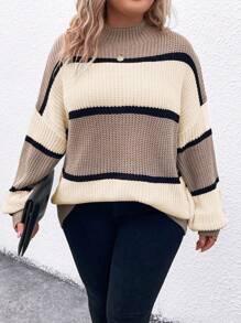 SHEIN LUNE Plus Size Casual Daily Colorblock Drop Shoulder Plus Size Sweater, Autumn/Winter Knit Pullover Fall Sweater - Multicolor - View 1