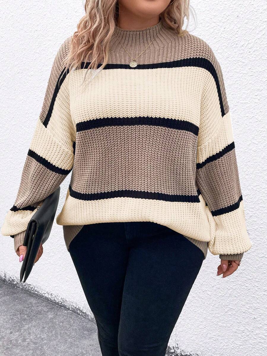SHEIN LUNE Plus Size Casual Daily Colorblock Drop Shoulder Plus Size Sweater, Autumn/Winter Knit Pullover Fall Sweater - Multicolor - View 1