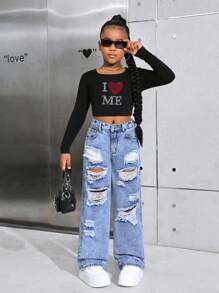 SHEIN Tween Girls Y2K 时尚石洗街头风格宽松破洞直筒牛仔裤，女孩秋装套装