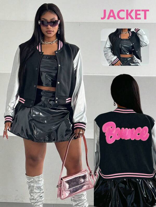 Maweii Plus Size Autumn Fashion Color Block Patch Letters Cropped Jacket