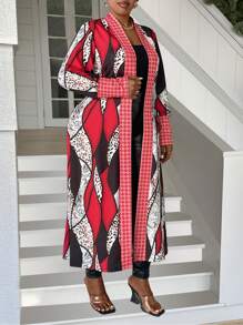 Maweii 大码女式春夏几何印花长袖前开襟长款开衫度假休闲外套 - 彩色 - 查看 1