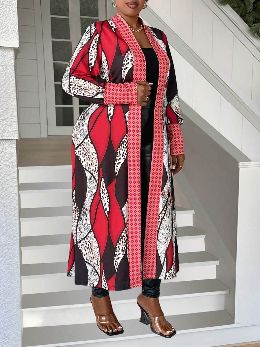 Maweii 大码女式春夏几何印花长袖前开襟长款开衫度假休闲外套 - 彩色 - 查看 1