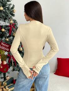 Muchica Áo khoác Y2k khóa kéo hở ngón cái màu đen cho nữ - Màu be - Xem 2