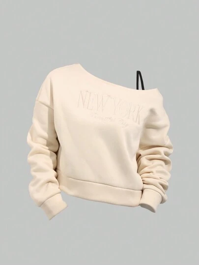 SHEIN Unity Women's Autumn New York Embroidered Letter Graphic Drop Shoulder Sweatshirt Pullover Fall