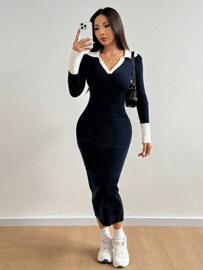 Flirla 女士休闲撞色 V 领修身毛衣连衣裙