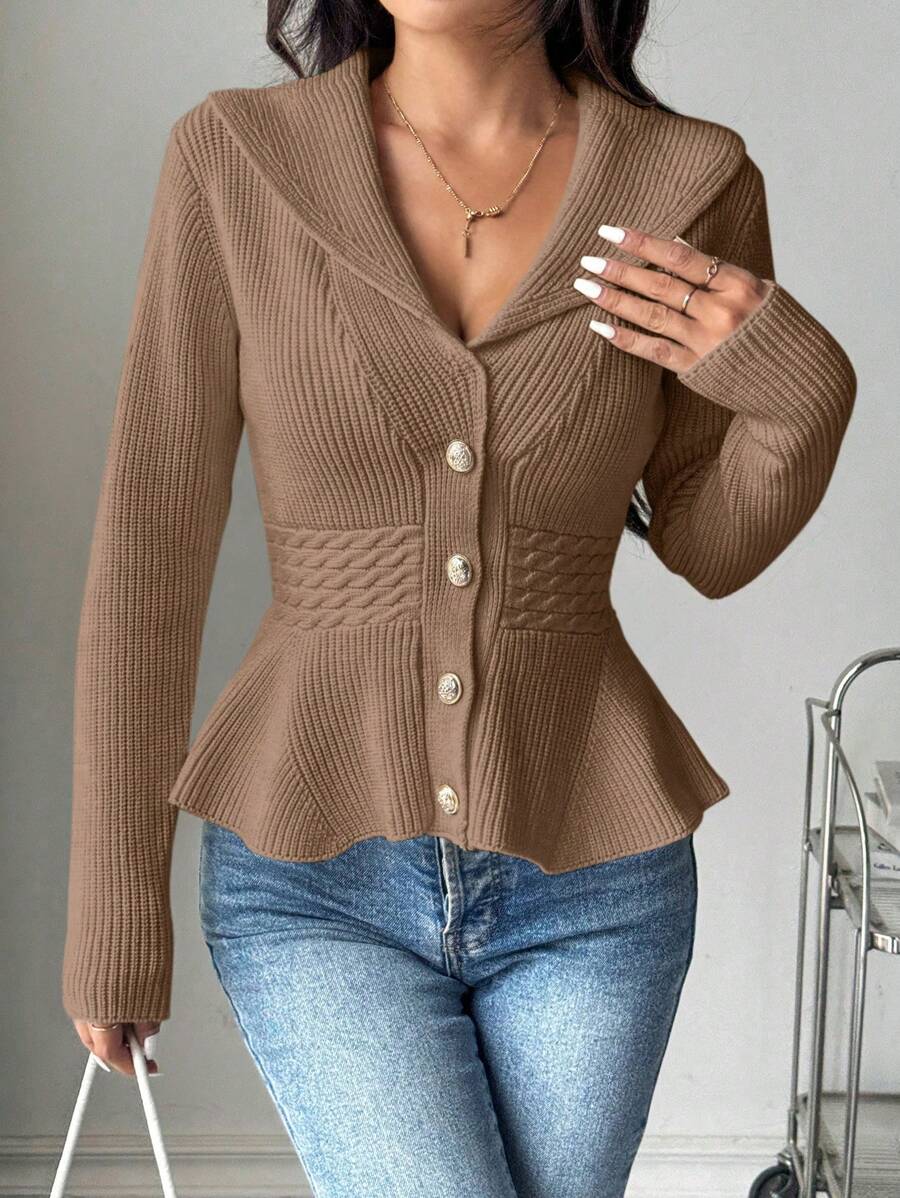 Chiquease 女士休闲纯色荷叶边下摆纽扣开衫，秋冬