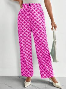Chiquease Geometric Print Button Patch Pocket Straight Leg Pants - Hot Pink - View 7