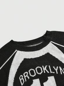 ROMWE MEN Street Life Men's Crew Neck Raglan Racing Number Knit Sweater - Black and White - View 3