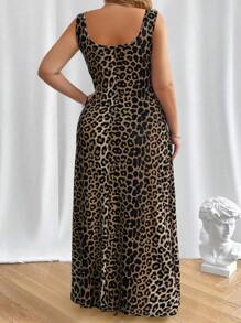 SHEIN Unity Robe moulante maxi à bretelles spaghetti imprimé léopard pour femmes grandes tailles - Tabac - Voir 2