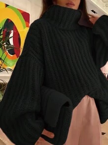 INAWLY Plus Size Solid Color Turtleneck Casual Long Sleeve Pullover Sweater, For Winter Knit Pullover Fall - Black - View 1