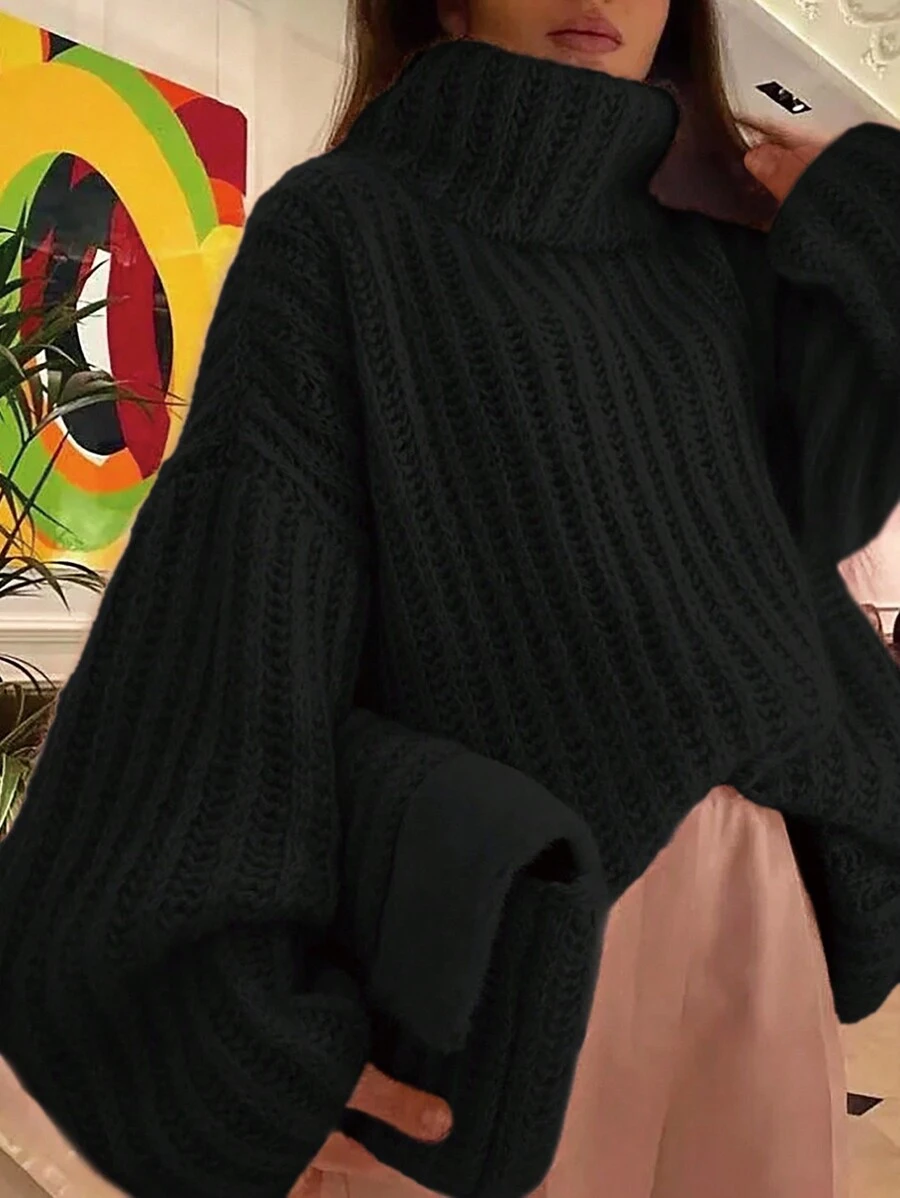 INAWLY Plus Size Solid Color Turtleneck Casual Long Sleeve Pullover Sweater, For Winter Knit Pullover Fall - Black - View 1