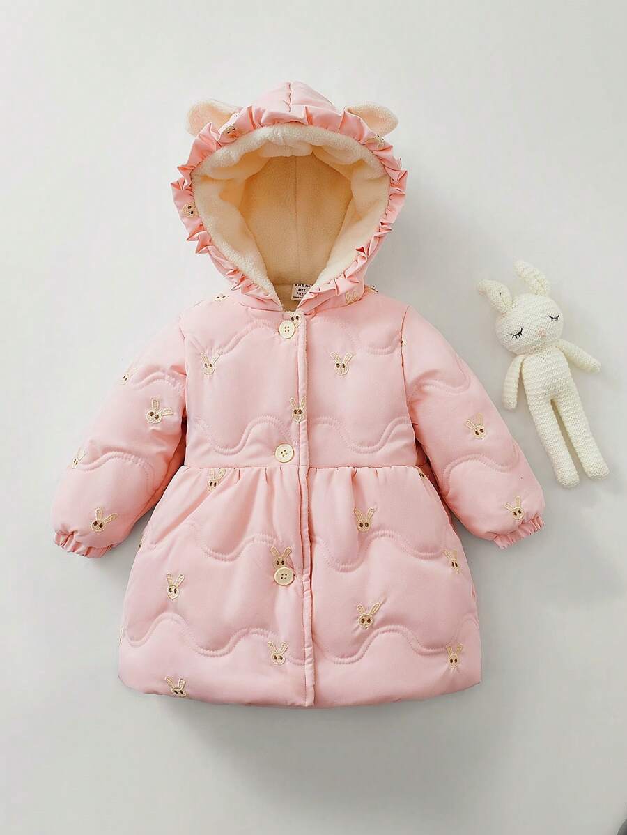 Baby Girl Cute Rabbit Ear Hooded Winter Coat, Winter Outerwear Clothes - Pink - View 1