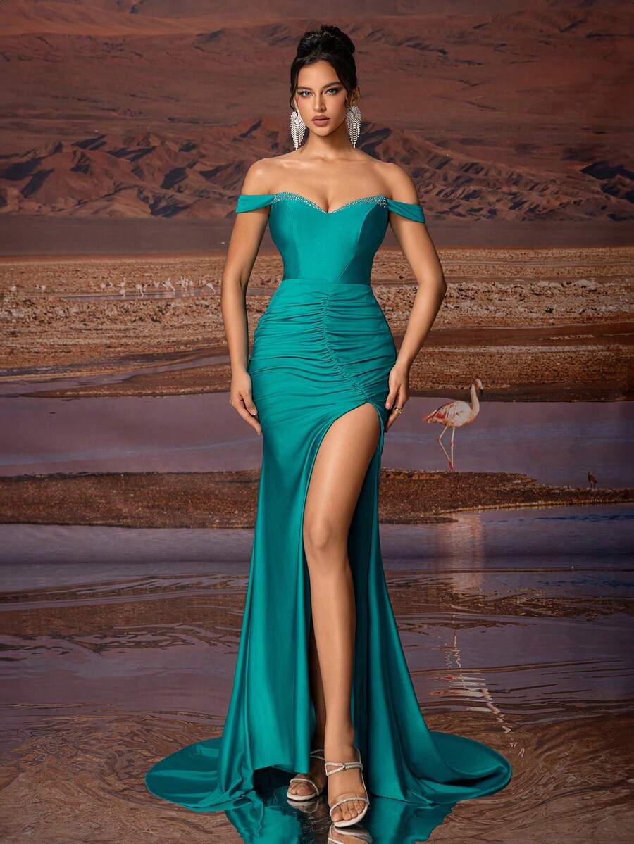 Women's Glamorous Rhinestone Off-Shoulder Ruched High Slit Evening Gown, Party Dress, Elegant Formal Prom Dress, For Wedding Guest, Graduation, Dinner