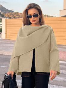 SHEIN Essnce 2024 Herbst Damen Flughafen Mode lässige, weite, vielseitige schwarze Woll-Jacke Design Einteiliges Schal kurze Strickjacke Winter warme Woll-Jacke