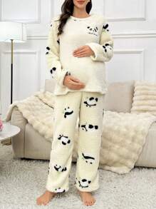 Cute Panda Print Plush Maternity Pajama Set
