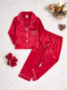 Girls Striped Heart Pattern Embroidered Long Sleeve Loungewear Set, Comfortable Home Wear
