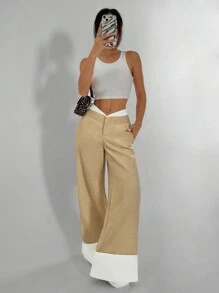 SHEIN Unity 女式阔腿设计高端休闲裤带口袋 - 卡其色 - 查看 5