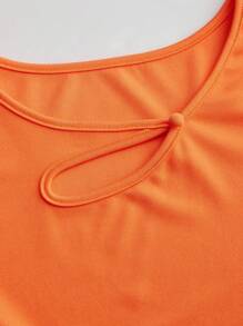 SHEIN Clasi 大码女式镂空领纯色短袖衬衫和格子 A 字裙针织夏季休闲套装 - 橘色 - 查看 7