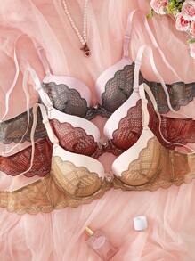 3pcs/Set Women Bra Set With Lace Patchwork & Underwire - Multicolor - View 1