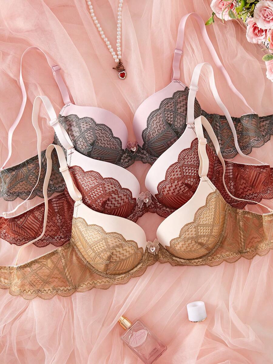 3pcs/Set Women Bra Set With Lace Patchwork & Underwire - Multicolor - View 1
