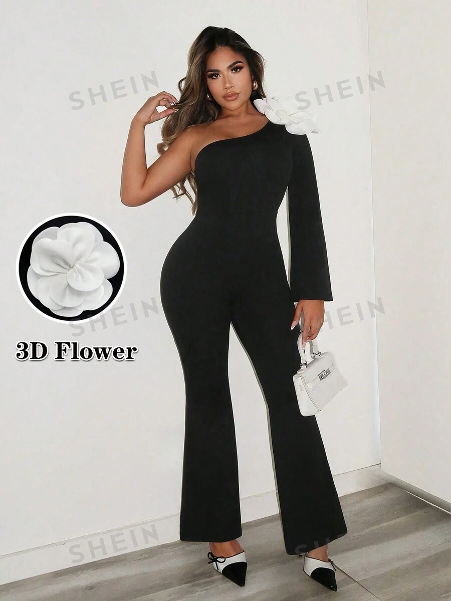 Zolique Mono de mujer para citas, fiestas y uso diario, con hombro sesgado, flor 3D y piernas anchas, en color negro, para otoño/invierno - Negro - Ver 1