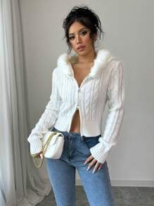 Chiquease Áo khoác cardigan lông trùm đầu tay dài màu trơn cổ khóa kéo thường ngày cho nữ, mùa thu/đông - Màu be - Xem 4