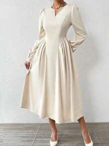 Chiquease Women's Solid Color V-Neck Elegant Long Sleeve Dress - Light Grey - View 6