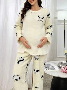 Cute Panda Print Plush Maternity Pajama Set