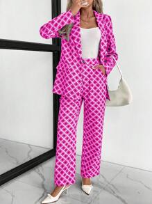Chiquease Geometric Print Button Patch Pocket Straight Leg Pants - Hot Pink - View 1