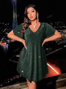 Plus Size Women Elegant V-Neck Petal Sleeve Glitter Mini Dress, Summer