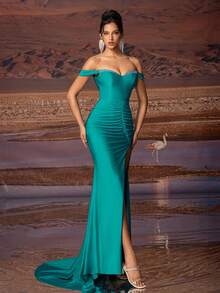 Women's Glamorous Rhinestone Off-Shoulder Ruched High Slit Evening Gown, Party Dress, Elegant Formal Prom Dress, For Wedding Guest, Graduation, Dinner - Green - View 7