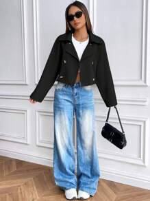 Flirla Women's Minimalist Elegant Short Relaxed Fit Fringe Trim Khaki Trench Coat Fall Winter Cloth For Women