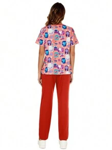 Printed Contrast V-Neck Pocket Top And Solid Color Elastic Waist Pants Scrub Set