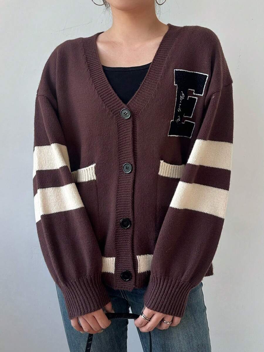 SHEIN LUNE 女士休闲圆领条纹长袖开衫,适合秋冬季 - 咖啡棕 - 查看 1