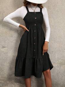 SHEIN Clasi Women Casual Solid Color Button Design Ruffle Hem Pinafore Dress Maxi Women Outfit - Black - View 1