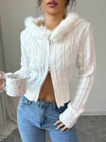 Chiquease Áo khoác cardigan lông trùm đầu tay dài màu trơn cổ khóa kéo thường ngày cho nữ, mùa thu/đông - Màu be - Xem 8