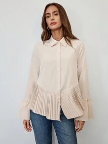 Chiquease Women Ruffled Sleeve Pleated Hem Casual Blouse, Spring & Autumn Fall Cloth For Women