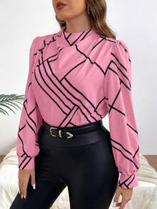 Celure Plus Size Women Casual Patchwork Print Funnel Neck Puff Sleeve Blouse, Spring/Autumn - Pink - View 3
