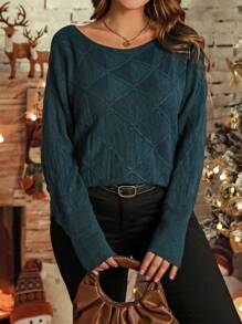 SHEIN LUNE Plus Size Solid Color Crew Neck Casual Pullover Sweater, Winter Knit Pullover Fall - Green - View 3