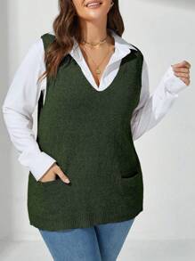 Calvaya 大码纯色 V 领无袖简约针织上衣，休闲日常穿着 - 墨綠色 - 查看 3