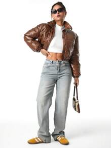 SHEIN 2024 秋冬青少年女孩优雅天鹅绒领子棉服外套 - 黑色 - 查看 5