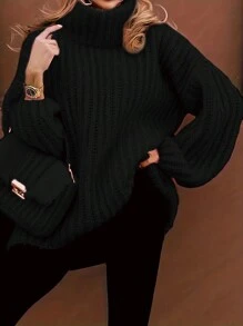 INAWLY Plus Size Solid Color Turtleneck Casual Long Sleeve Pullover Sweater, For Winter Knit Pullover Fall - Black - View 5