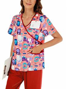 Printed Contrast V-Neck Pocket Top And Solid Color Elastic Waist Pants Scrub Set