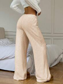 Flirla 女士纯色高腰松紧腰羊毛直筒裤 - 藕粉色 - 查看 2