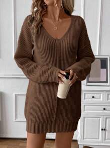 EMERY ROSE 超大款欧美风V领宽松针织毛衣裙纯色休闲套头衫新款落肩设计 - 咖啡棕 - 查看 6