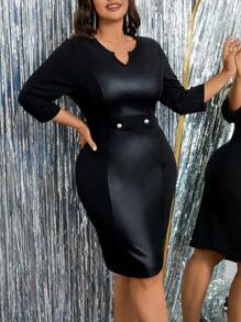 Plus Size Women Elegant Patchwork 3/4 Sleeve Bodycon Midi Dress, For Autumn