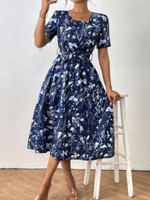 Chiquease 女式度假风格满花印花方领系腰中长连衣裙，夏季 - 彩色 - 查看 6