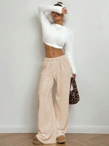 Flirla 女士纯色高腰松紧腰羊毛直筒裤 - 藕粉色 - 查看 6