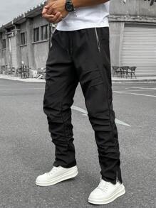 Manfinity Homme Herren einfarbige Hose mit Vordertasche und Kordel, minimalistisch, für den Alltag, schlichte lange Cargohose mit Kordelzug in Schwarz, tailliert, für Ehemann, Freund als Geschenk