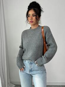 SHEIN Unity Women Deep Gray Round Neck Drop Shoulder Thick Warm Pullover Sweater Knit Pullover Fall Winter - Dark Grey - View 5